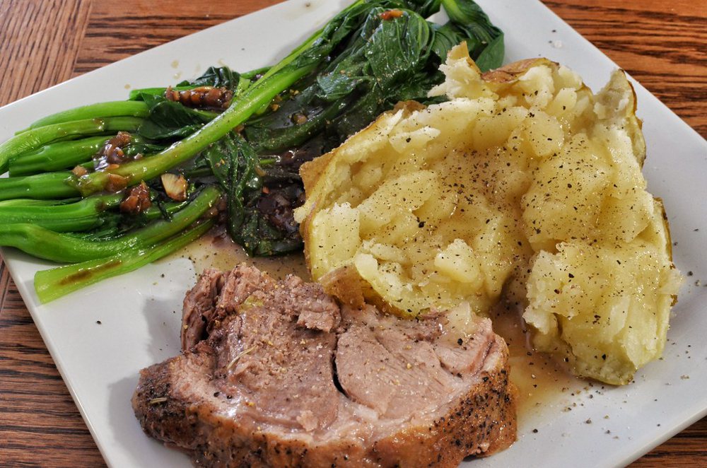 Mmm... lamb, baked potato, and Chinese broccoli