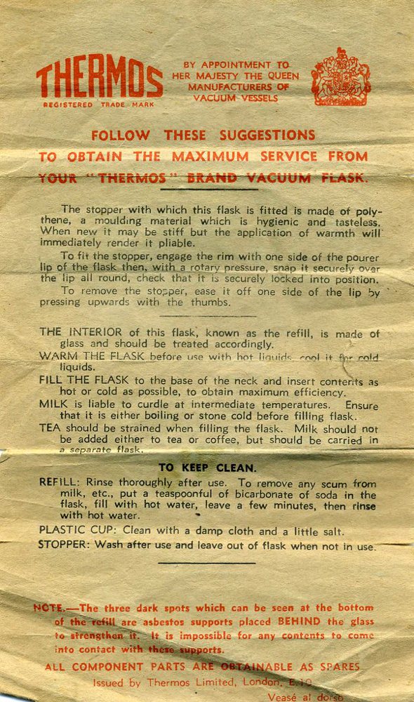 Thermos flask instructions.Late 1950s.