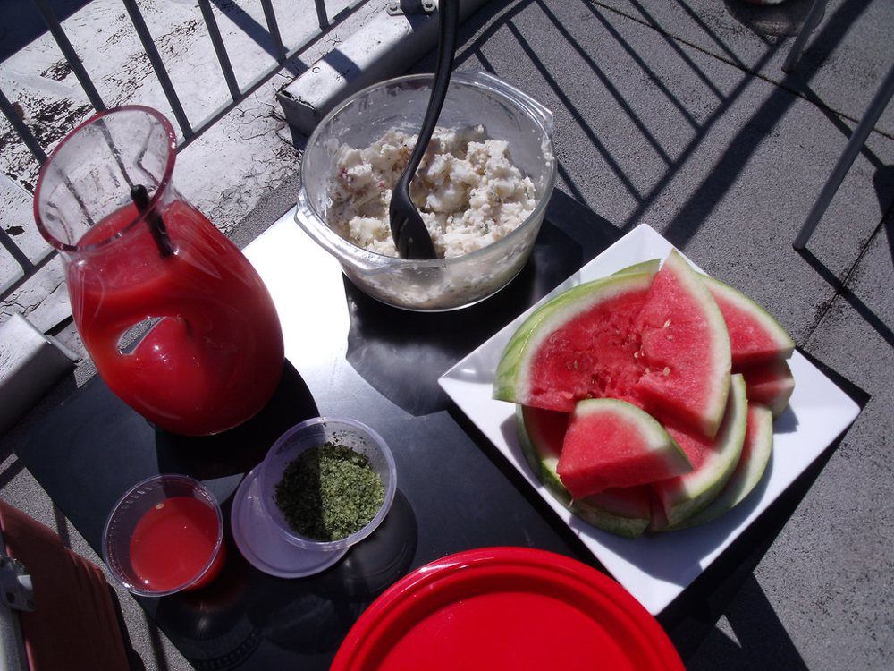 Potato salad, watermelon slices, basil sea salt and watermelon martinis!