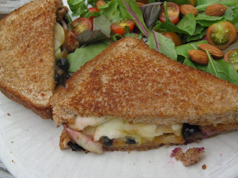 Grilled cheese sandwich with blueberries and apple