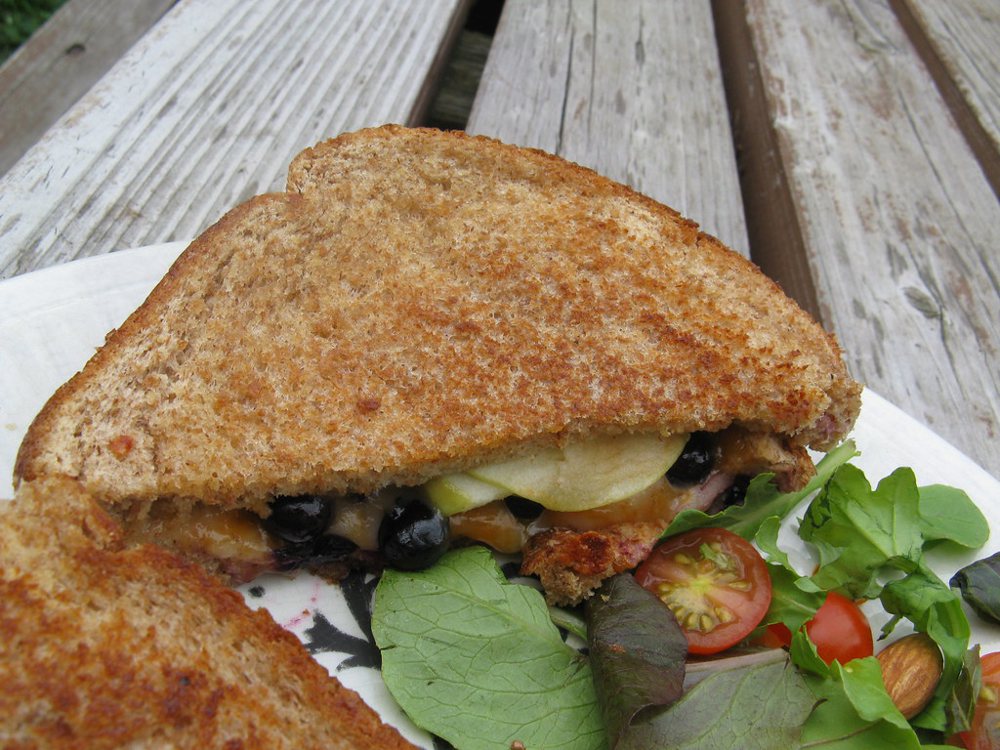 Grilled cheese sandwich with blueberries and apple