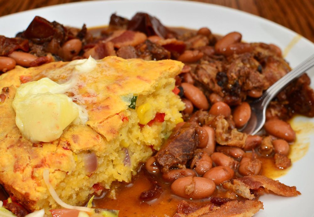 Mmm... jalapeno cheddar cornbread with roast pork and beans...and bacon!