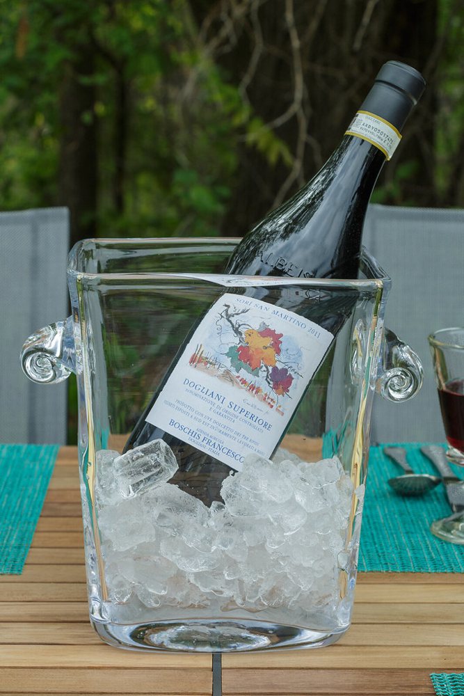 Simon Pearce Ice Bucket on Barlow Teak Table Top