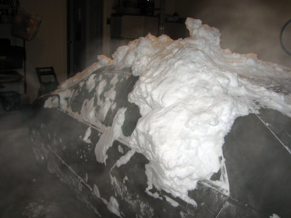 Snow Covered Car in the Garage